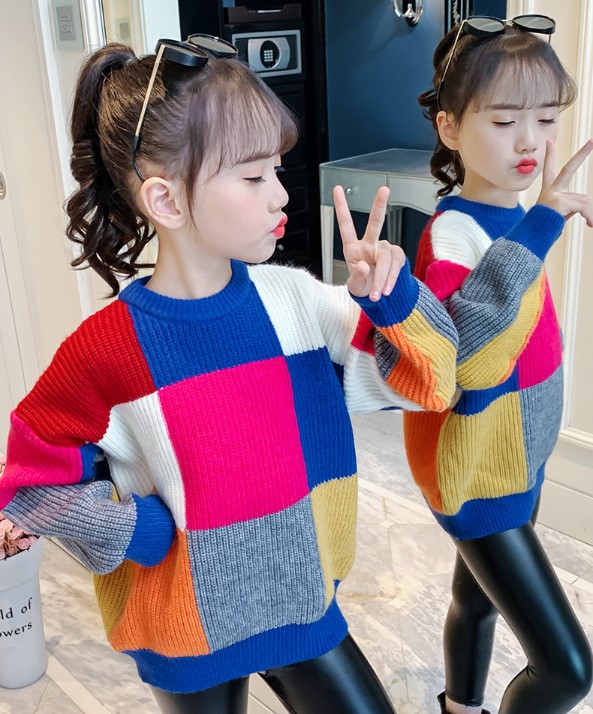 2020冬服新作韓国子供服  女の子　チェック柄　セーター
