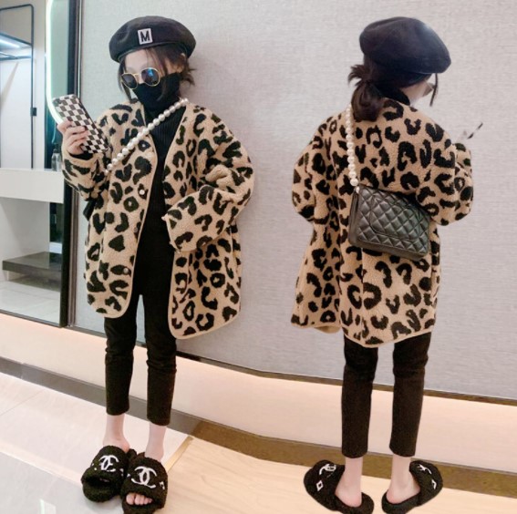 2022冬服新作韓国子供服　女の子　豹柄　コート