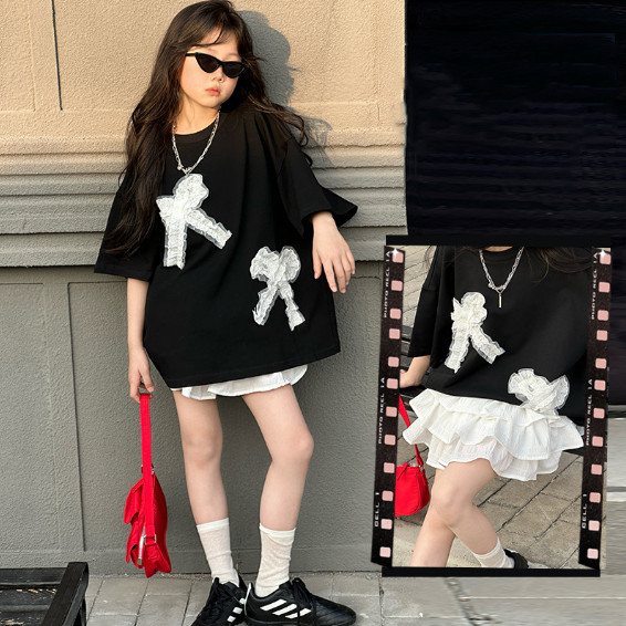2025夏服新作韓国子供服　リボン柄　半袖ｔシャツ