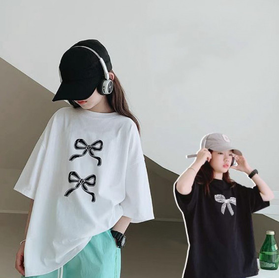 2025夏服新作韓国子供服　リボン柄　半袖ｔシャツ