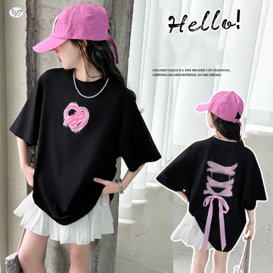 2025夏服新作韓国子供服　リボン柄　半袖ｔシャツ