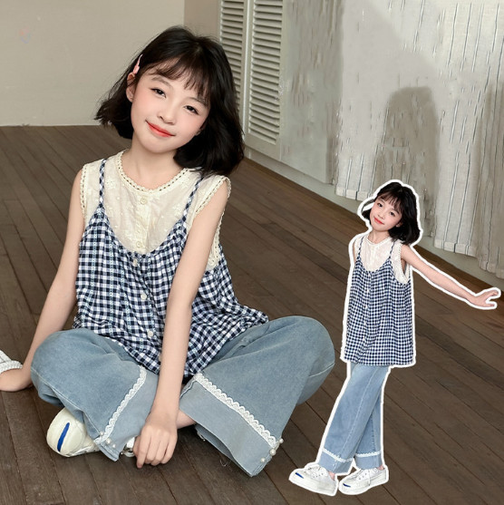 2025夏服新作韓国子供服　チェック柄　重ね着トップス