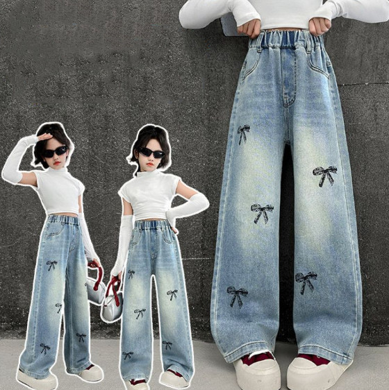 2026春服新作韓国子供服　リボン柄　デニムパンツ