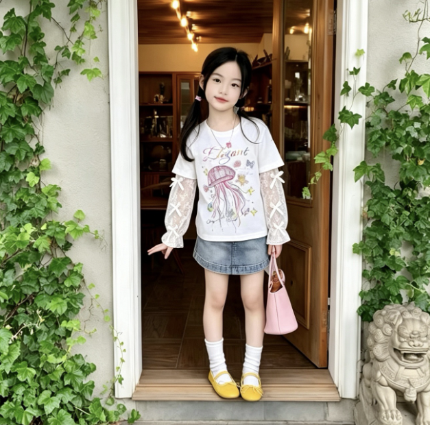 2026夏服新作韓国子供服  レース　長袖ｔシャツ